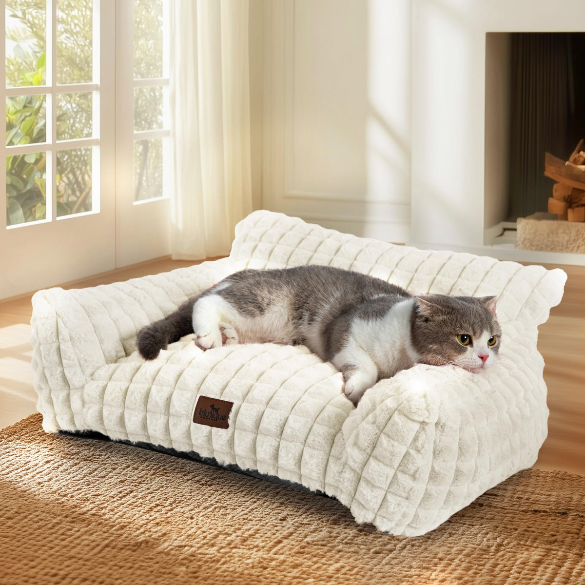 blunique cat bed with faux rabbit fur cover offers ultra-soft comfort for indoor cats