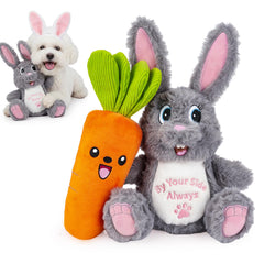 BluPup Bunny squeaky toy with crinkle ears for indoor play and cuddling.