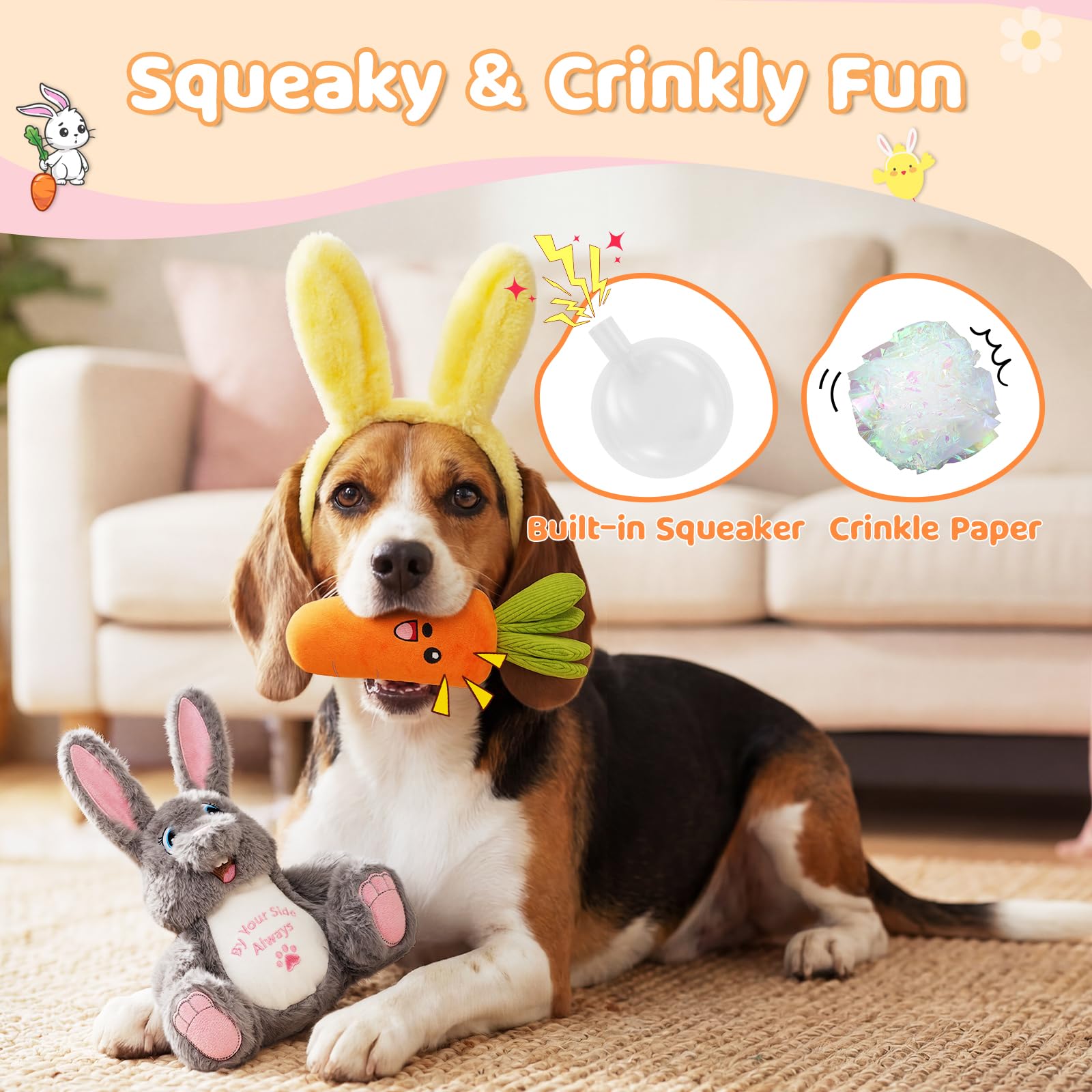 BluPup Carrot squeaky toy with crinkle leaves for gentle chewers.