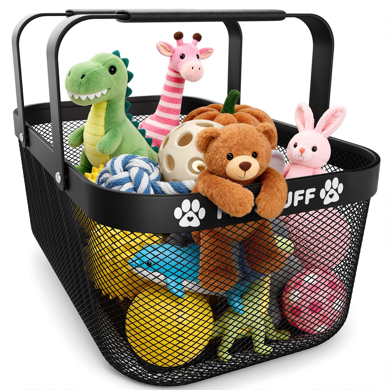 BluPup metal dog toy basket with mesh design for durable toy storage.