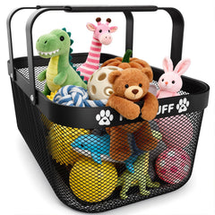 BluPup metal dog toy basket with mesh design for durable toy storage.