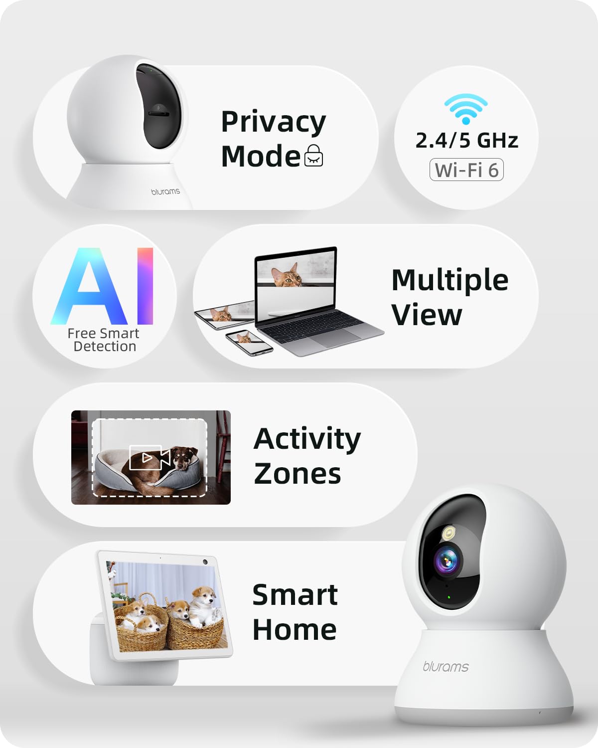 Blurams Pet Camera 2K easy setup and multi-device viewing for family sharing.