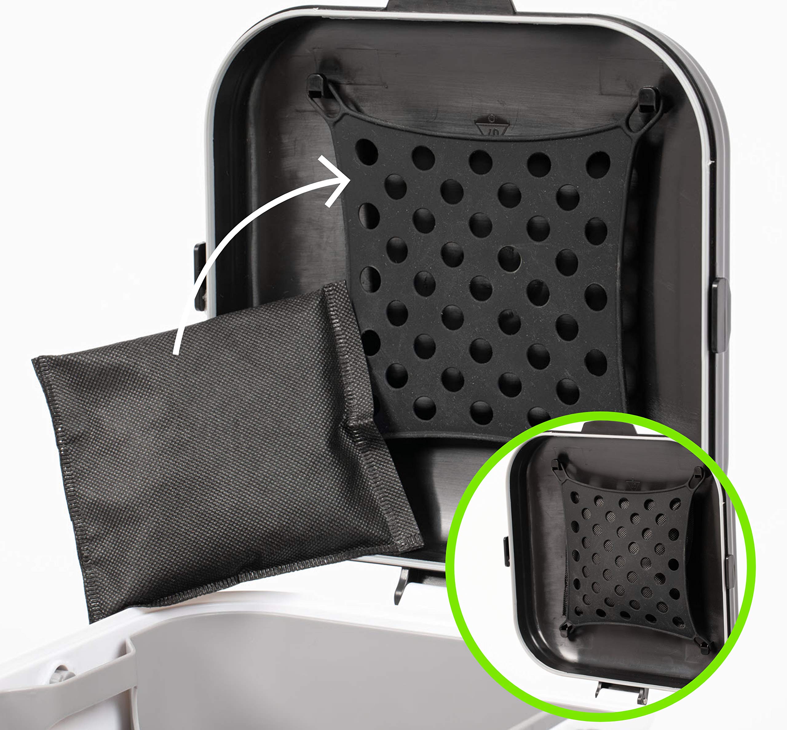 BMBU deodorizer bag in litter disposal box shows odor absorption in enclosed space.