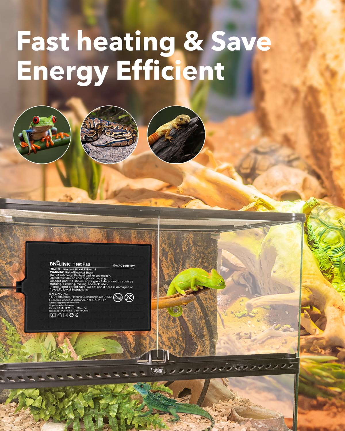 BN-LINK durable, flexible heat pad stays pliable along curved terrarium corners.