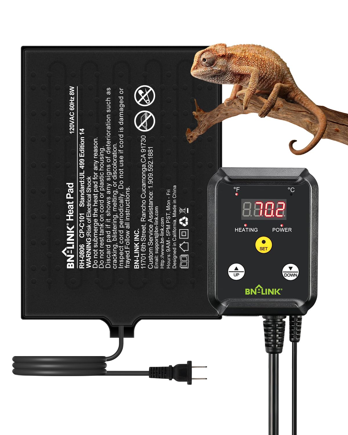 BN-LINK reptile heating pad top view showing 6x8 inch heating area for terrarium warmth