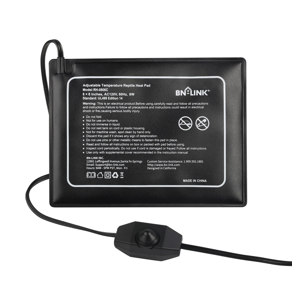 BN-LINK reptile heating pad angle view showing slim compact design for terrariums