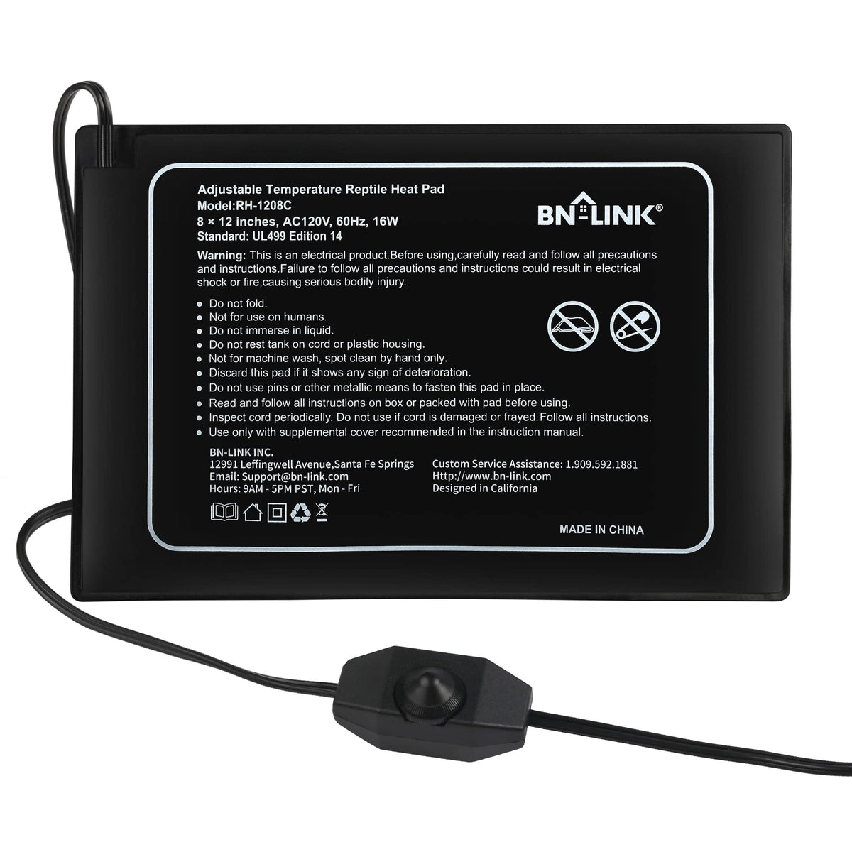 BN-LINK reptile heating pad 8x12 in with adjustable knob for precise warmth