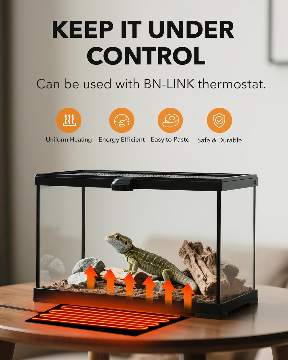 BN-LINK under-tank heater with adhesive back for quick terrarium installation.