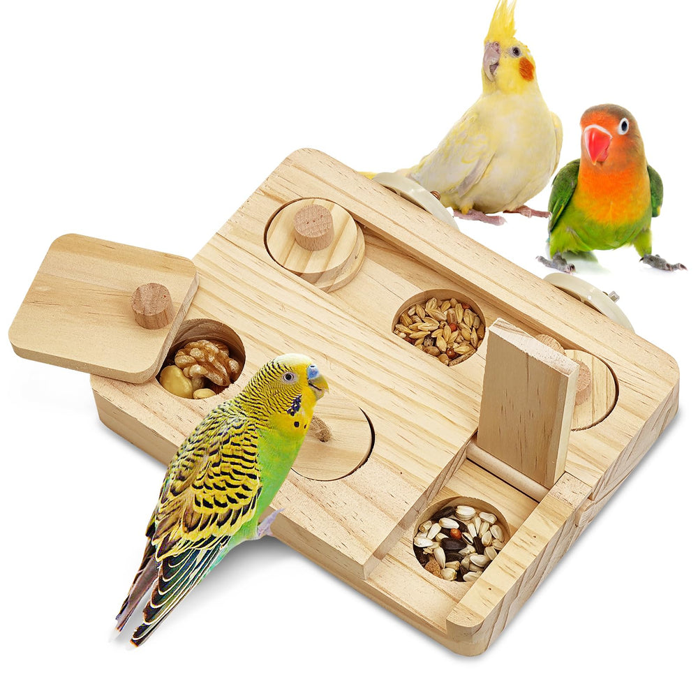 BNOSDM wooden bird-foraging-toy promotes natural enrichment in the cage.