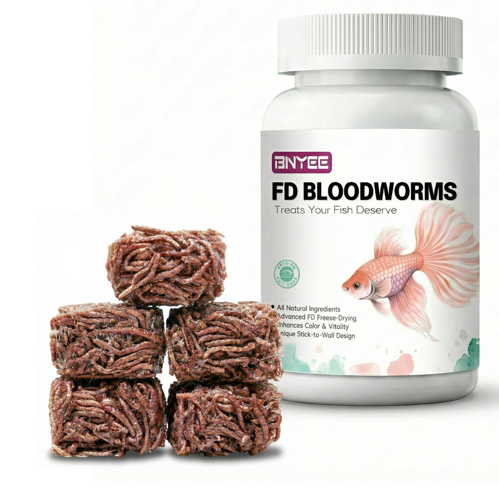 BNYEE Blood Worms packaging showcases natural protein-rich food for tropical fish.