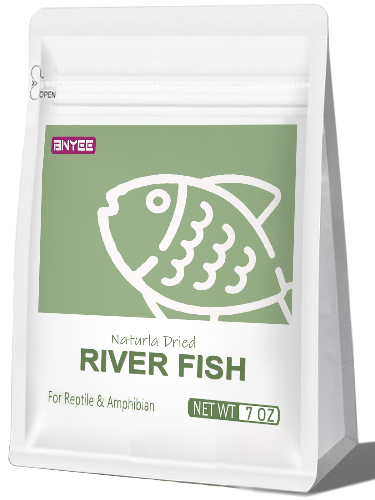 BNYEE dried river fish 7oz packaging-front, protein-rich natural treat for turtles and reptiles.