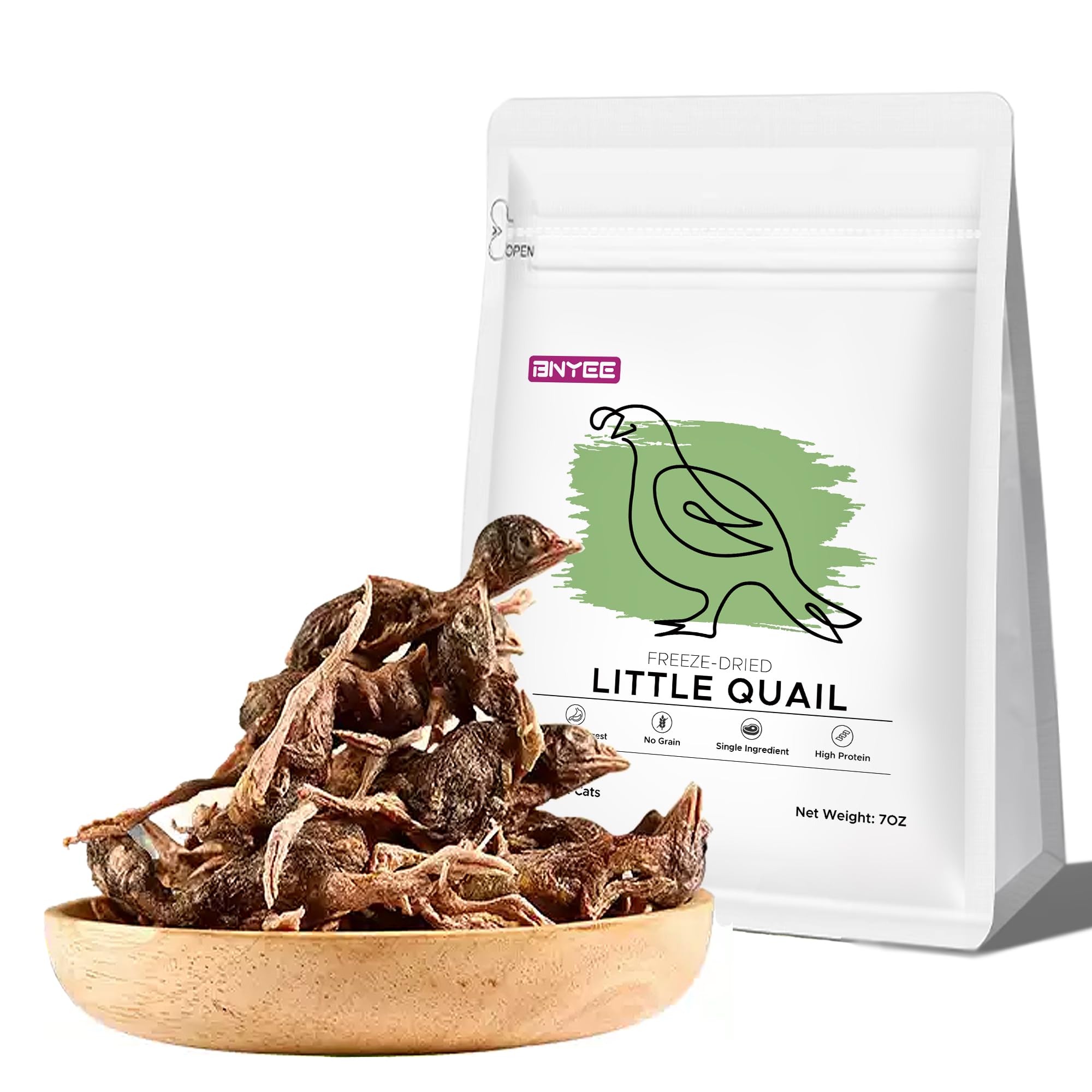 BNYEE freeze-dried quail treats package shows convenient 7oz bag for on-the-go feeding.