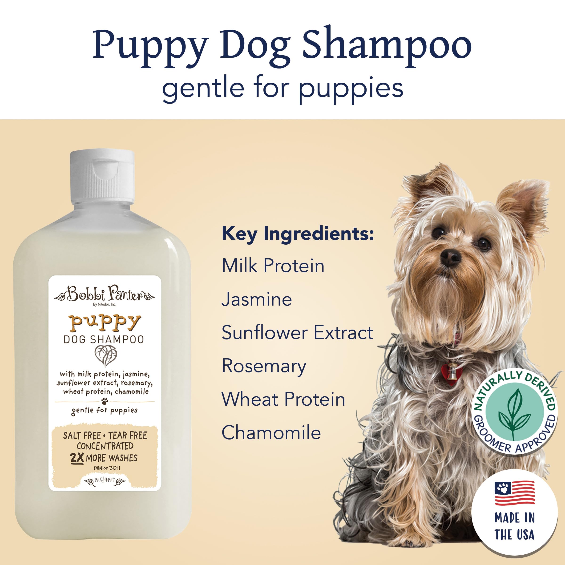Bobbi Panter Puppy Shampoo lather close-up showing milk protein for coat care.