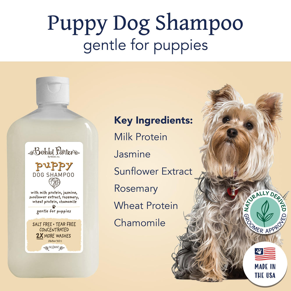 Bobbi Panter Puppy Shampoo lather close-up showing milk protein for coat care.