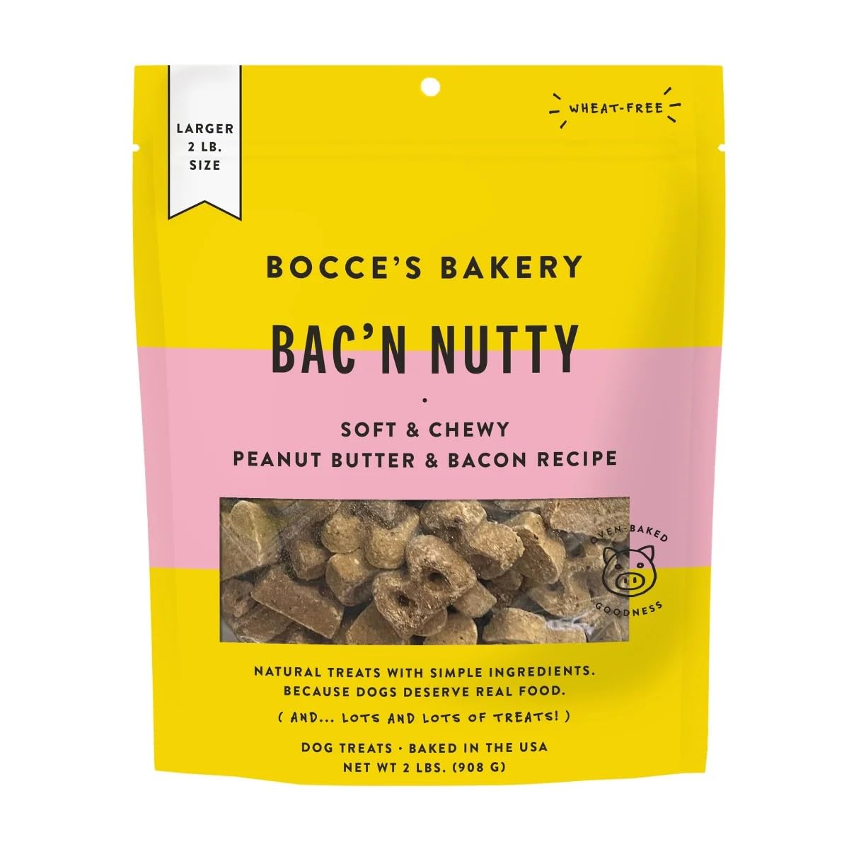 Bocce's Bakery Bac' N Nutty soft treats in an open bag for daily rewards
