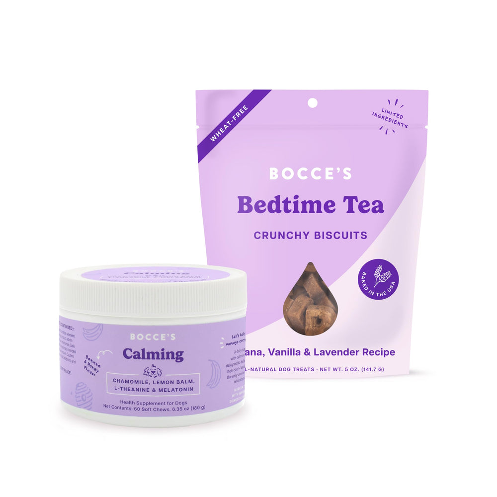 Bocce's Bakery Bedtime Tea Treats packaging with lavender promotes calming vibes.