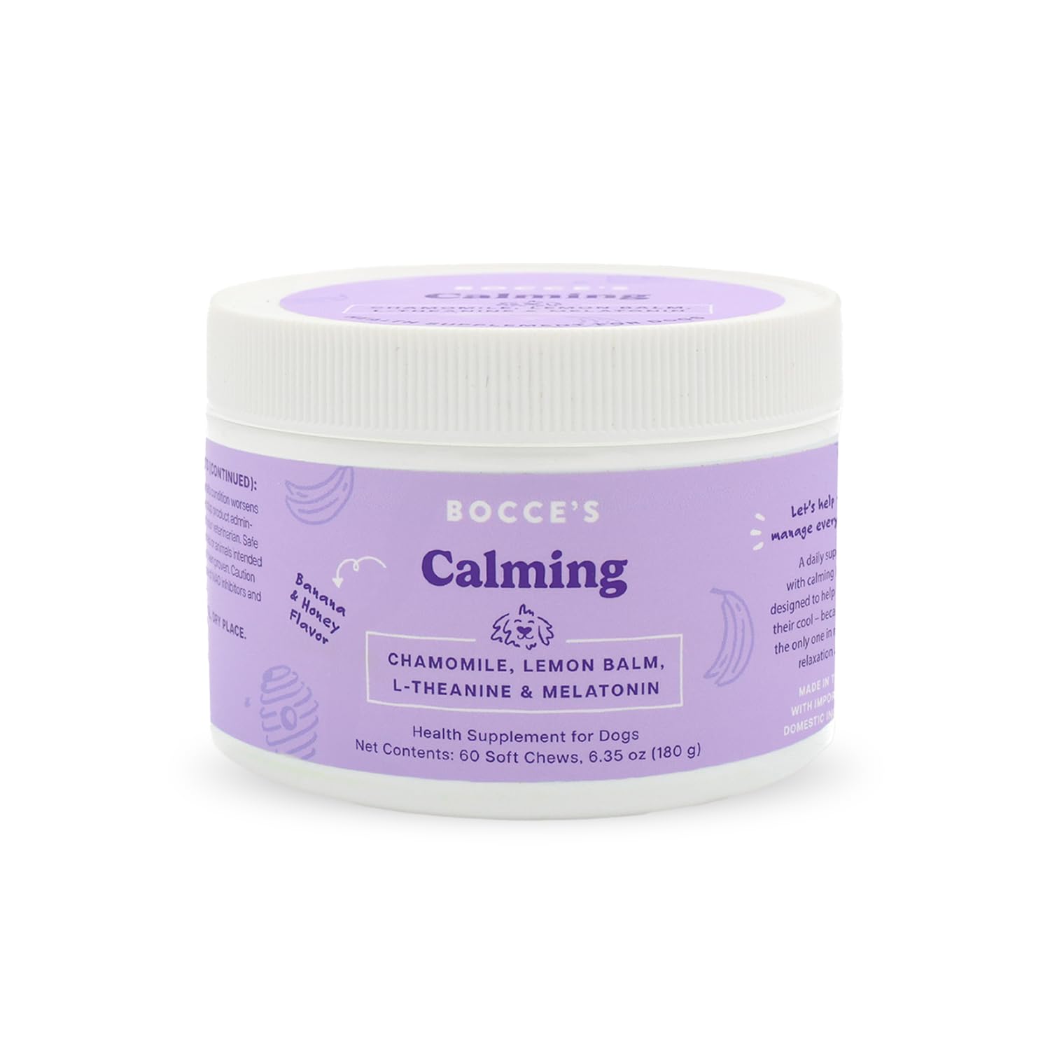 Bocce's Bakery Calming dog supplement bottle shows daily calm support for busy pups.