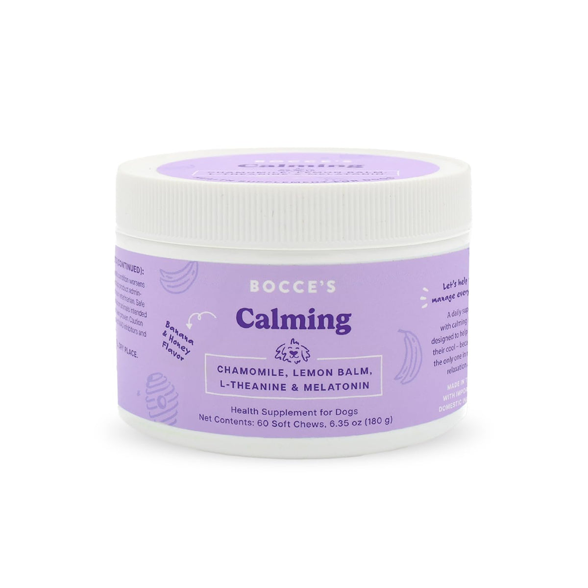 Bocce's Bakery Calming dog supplement bottle shows daily calm support for busy pups.