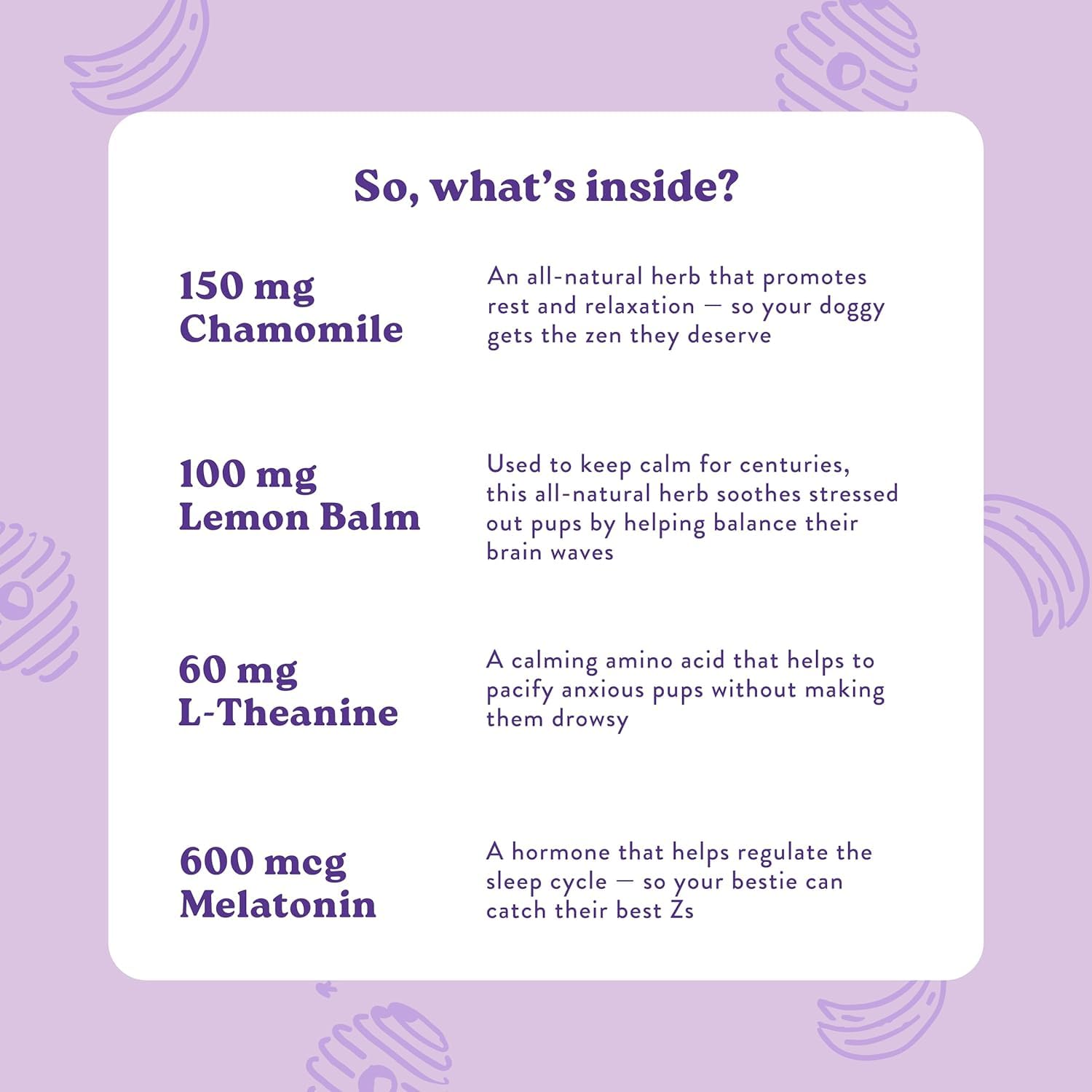 Bocce's Bakery label shows chamomile, lemon balm, L-theanine, melatonin.