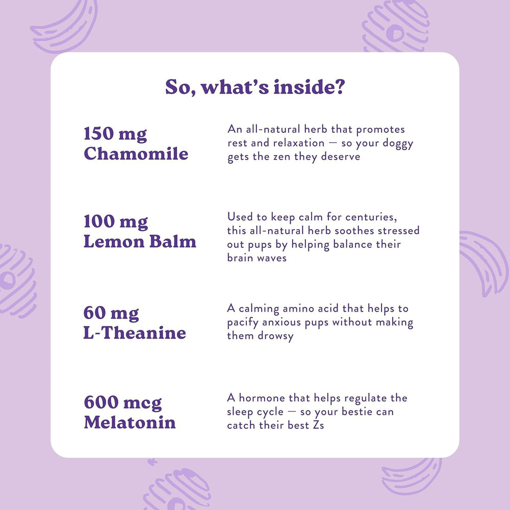 Bocce's Bakery label shows chamomile, lemon balm, L-theanine, melatonin.