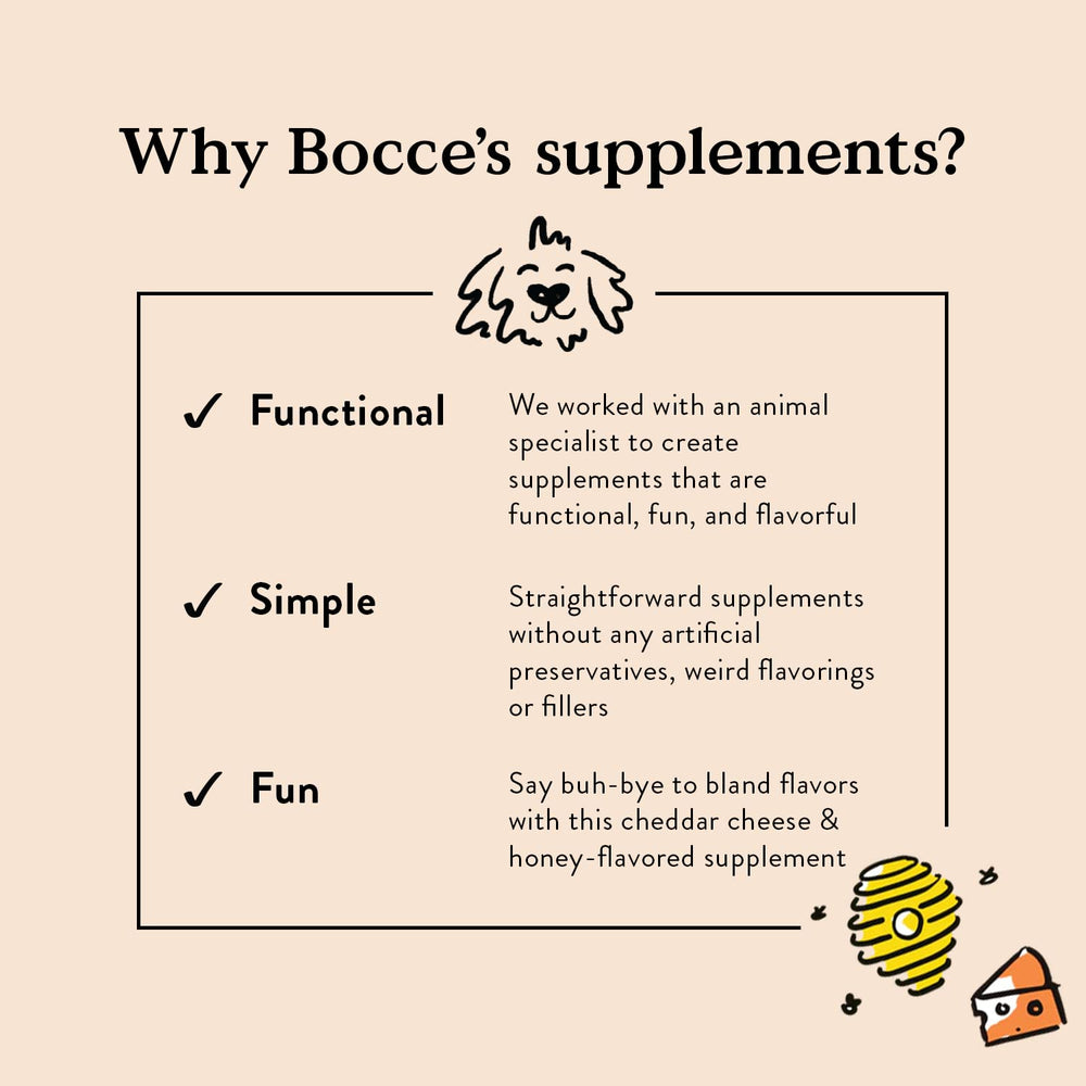 Bocce's Bakery label showing cheese honey flavor and vitamin blend for daily use.