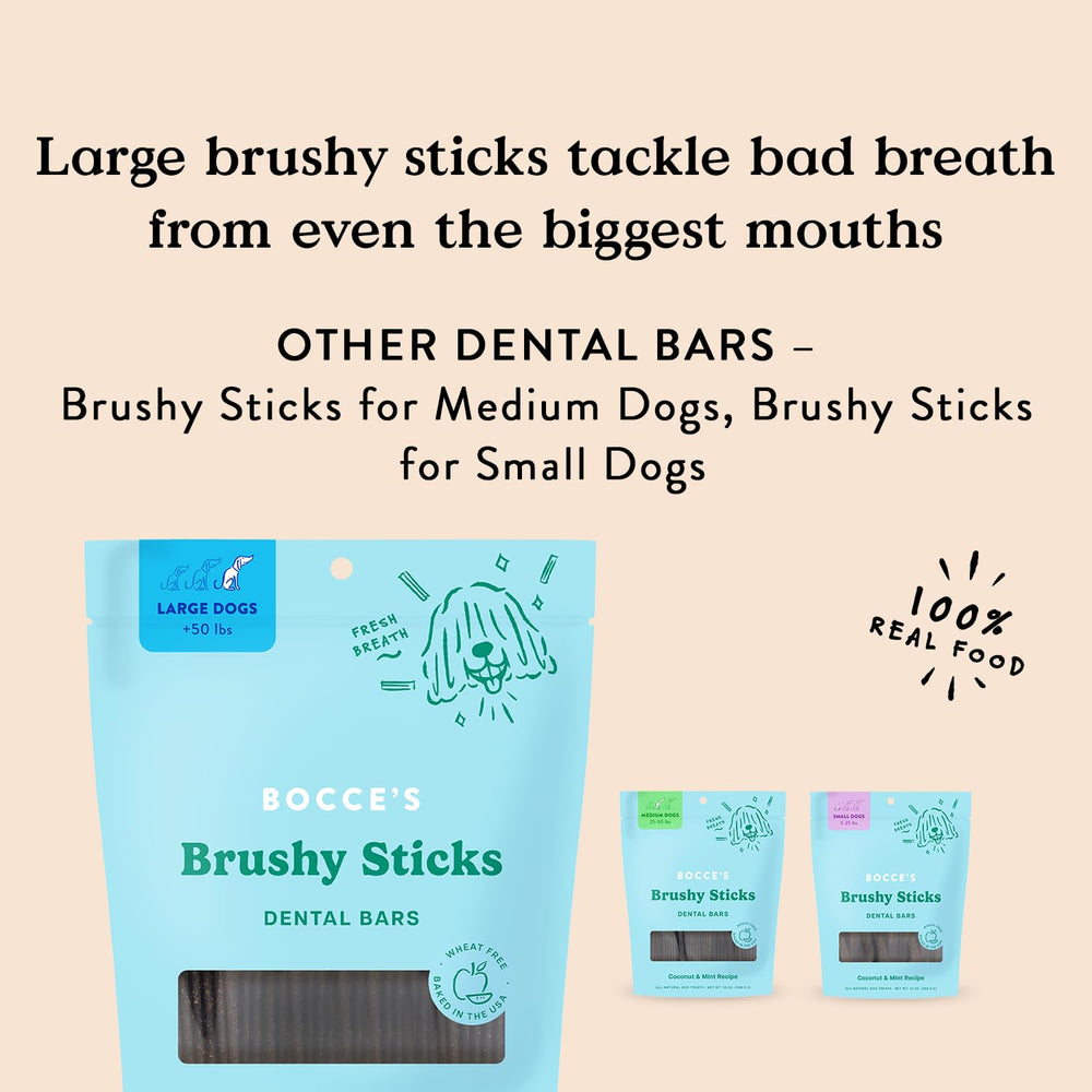 Bocce's Brushy Sticks wheat-free recipe with coconut and peppermint for fresh breath.