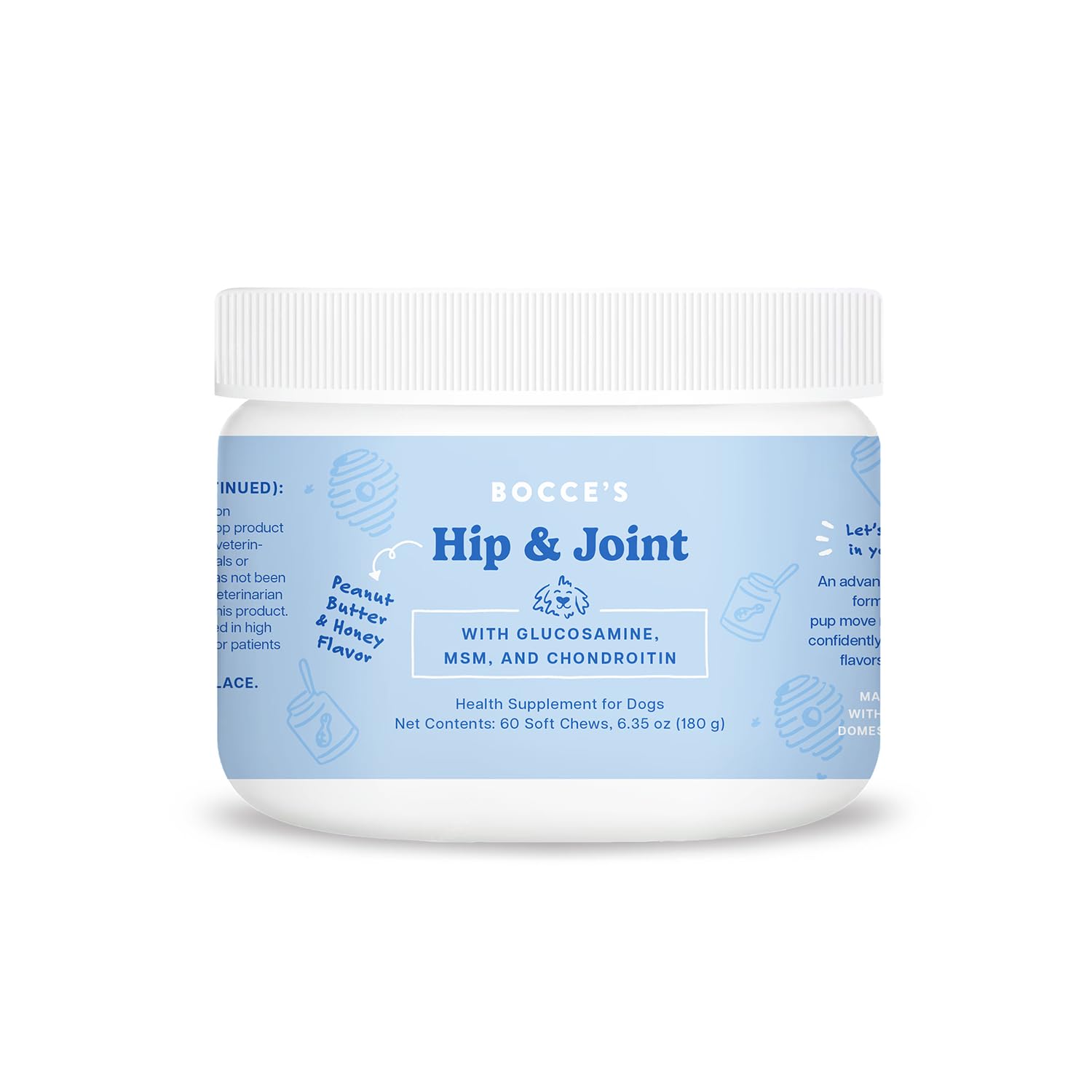 Bocce's Bakery hip and joint dog supplement in 60-count packaging for mobility.