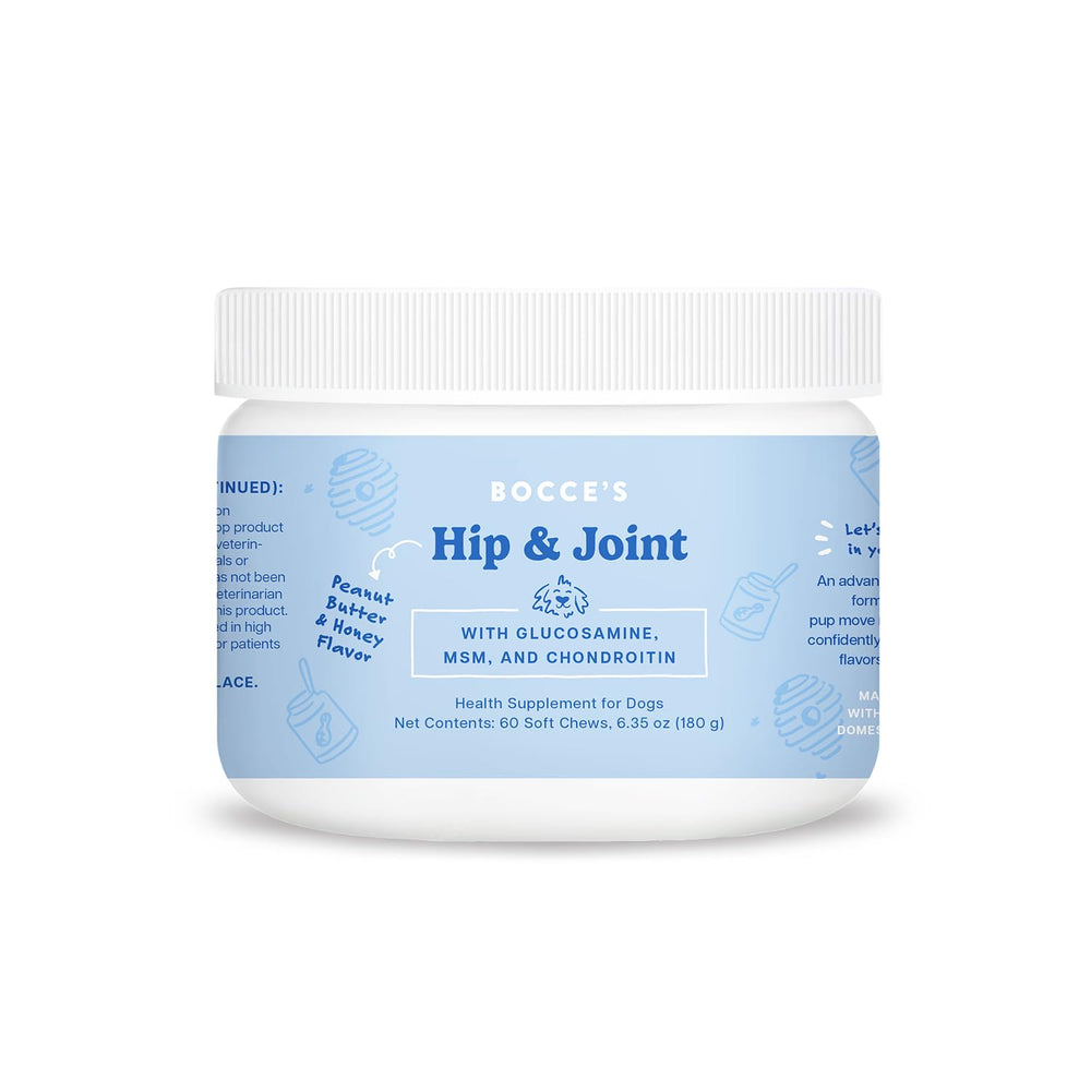 Bocce's Bakery hip and joint dog supplement in 60-count packaging for mobility.