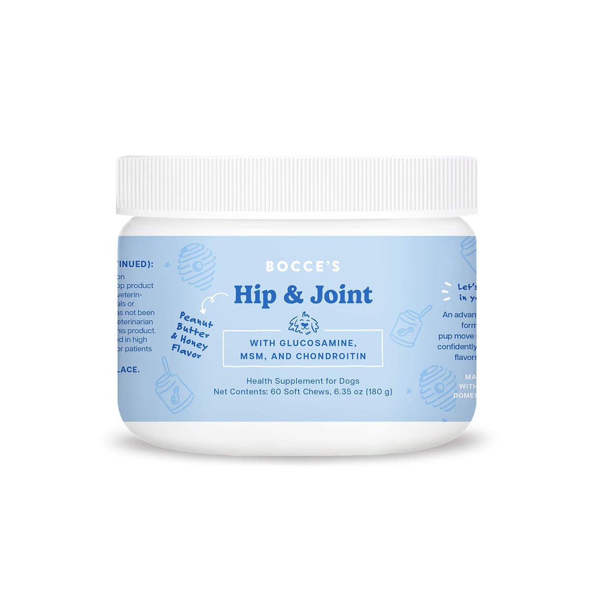 Bocce's Bakery hip and joint dog supplement in 60-count packaging for mobility.