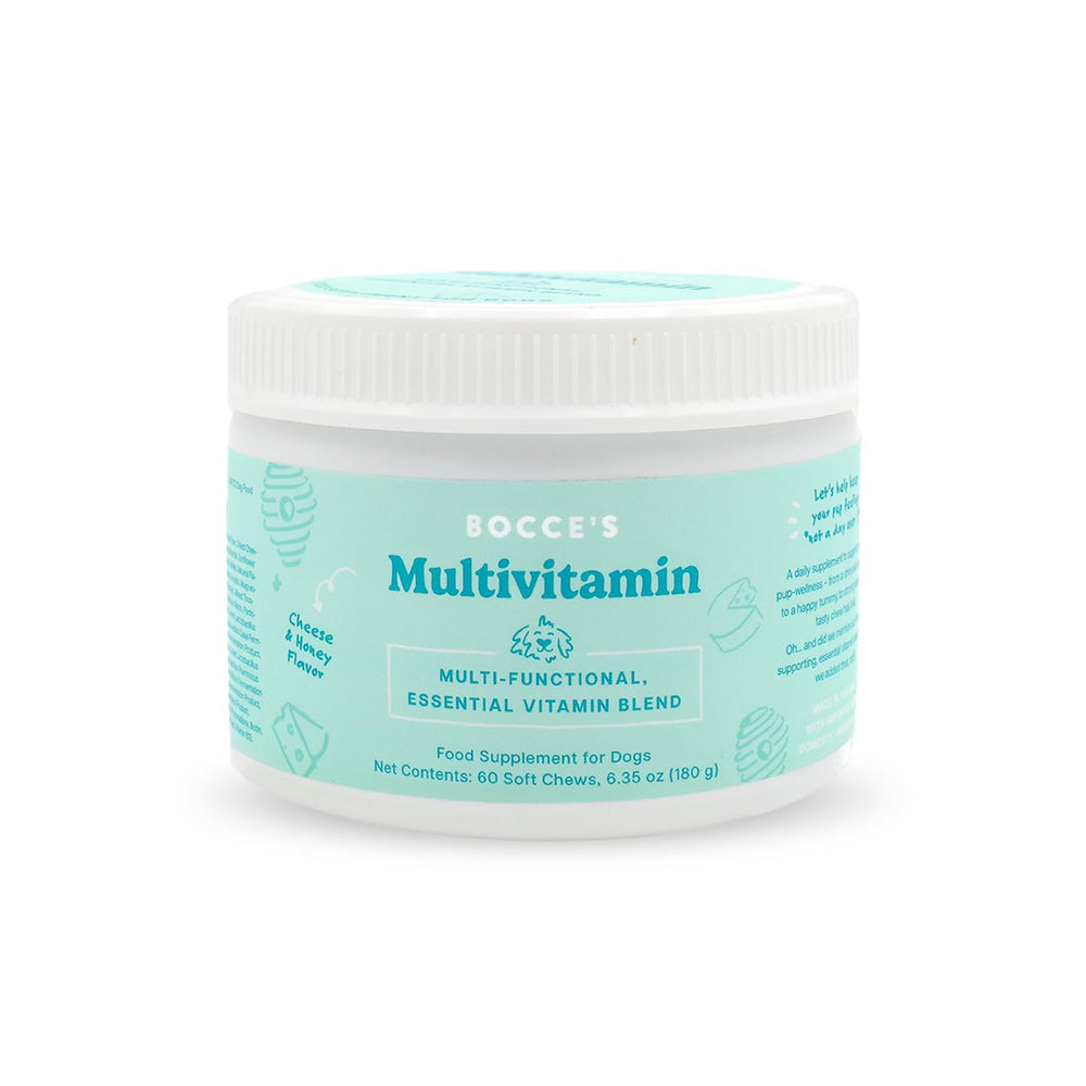 Bocce's Bakery multivitamin dog chews bottle front — may support digestion and joint health.