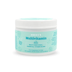Bocce's Bakery multivitamin dog chews bottle front — may support digestion and joint health.