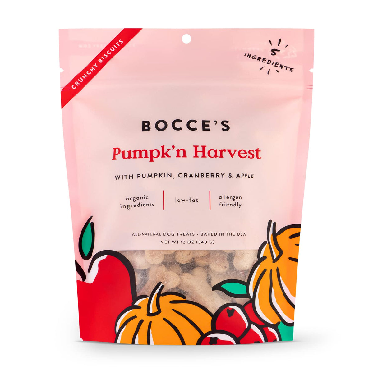 Bocce's Bakery Pumpk'n Harvest Biscuits bag showing chewy daily treat for dogs.