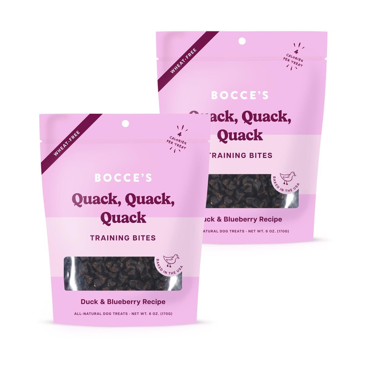 Bocce's Bakery quack quack quack training treats bag ready for rewards.