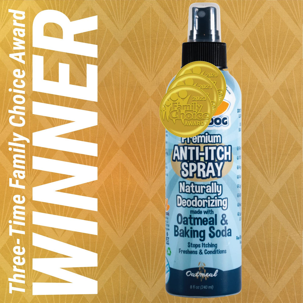 Bodhi Dog Itch Relief Spray with apple scent deodorizer aids odor control between baths.