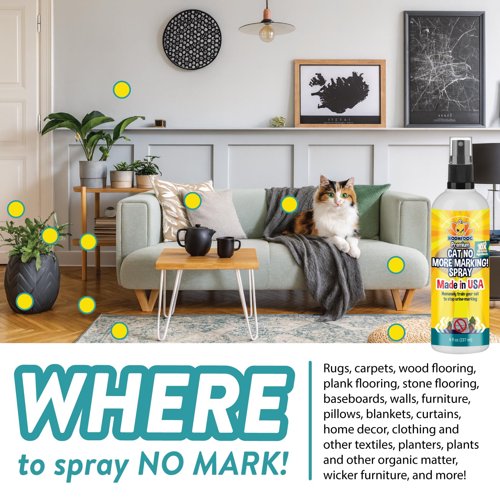 Bodhi Dog Cat No More Marking Spray odor neutralization; refreshes rooms.