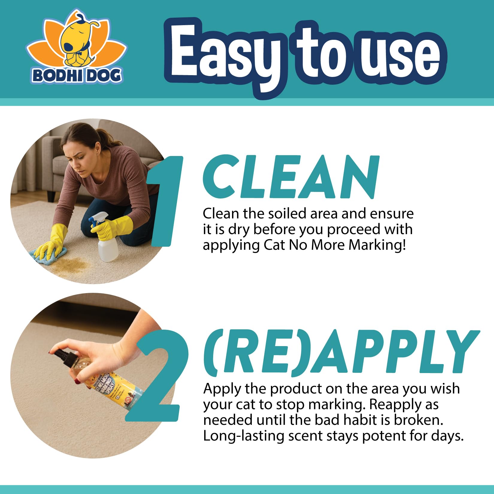 Bodhi Dog Cat No More Marking Spray on wood and furniture; helps reduce marking cues.