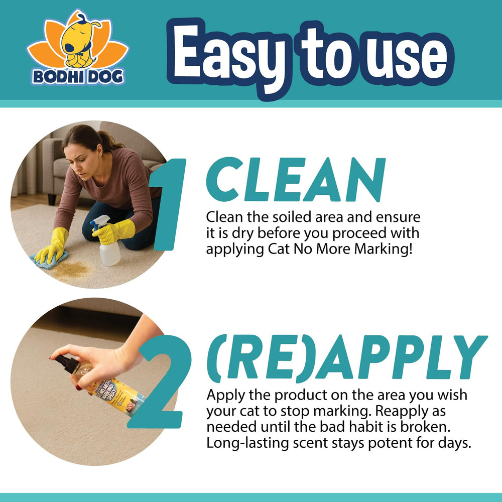 Bodhi Dog Cat No More Marking Spray on wood and furniture; helps reduce marking cues.