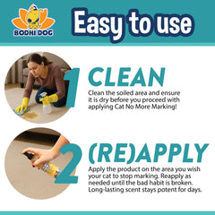 Bodhi Dog Cat No More Marking Spray on wood and furniture; helps reduce marking cues.