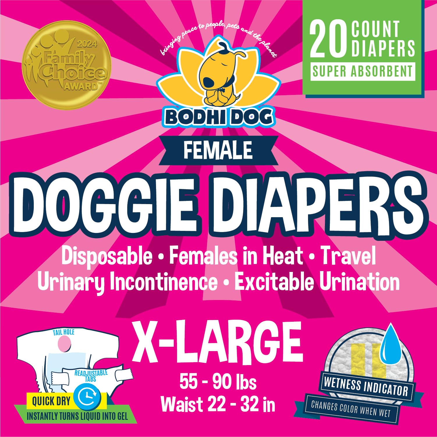 Bodhi Dog disposable female diapers with a super absorbent core for quick moisture control.