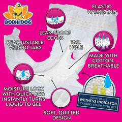 Bodhi Dog diapers closeup on adjustable fasteners for secure small-dog fit.
