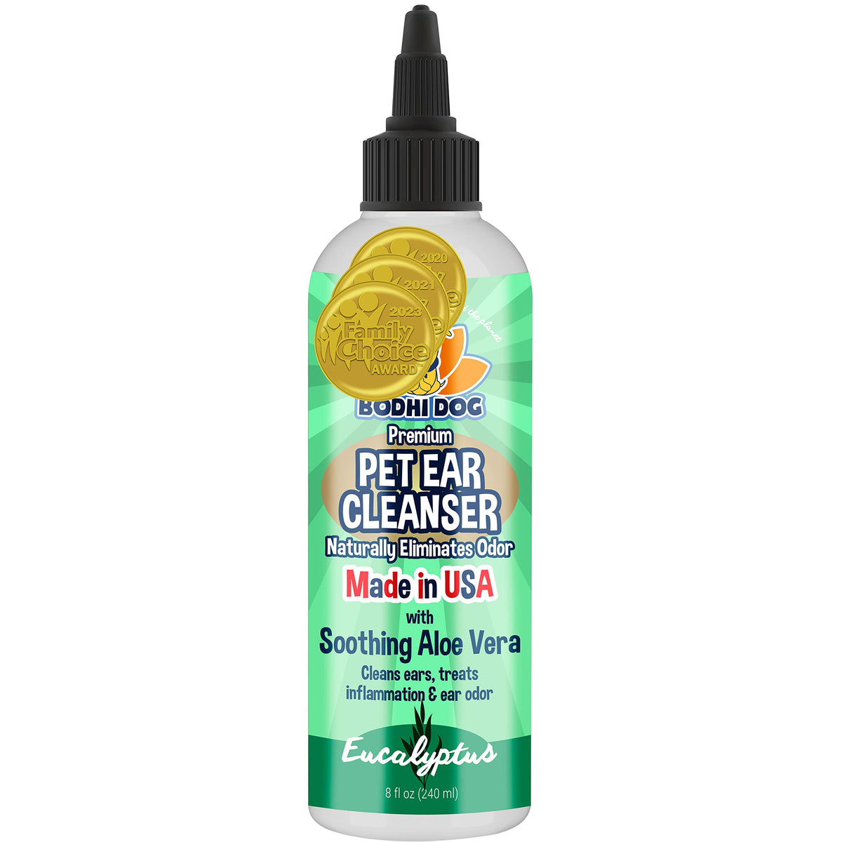Bodhi Dog Ear Cleaner bottle close-up for gentle cleaning.
