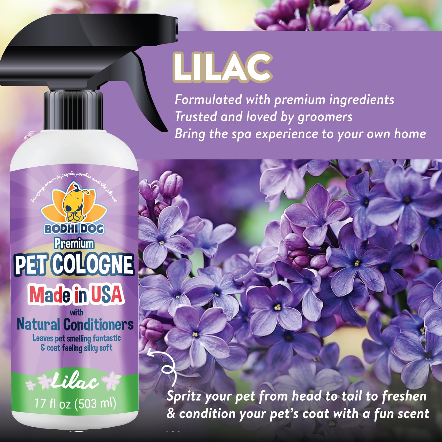 Bodhi Dog Lilac Cologne being spritzed for a quick coat refresh