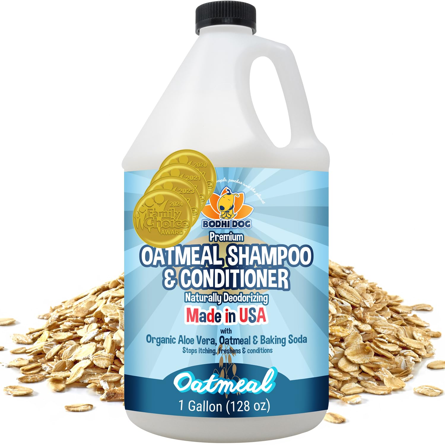 Bodhi Dog natural oatmeal shampoo bottle highlighting a gentle cleanse for sensitive skin.