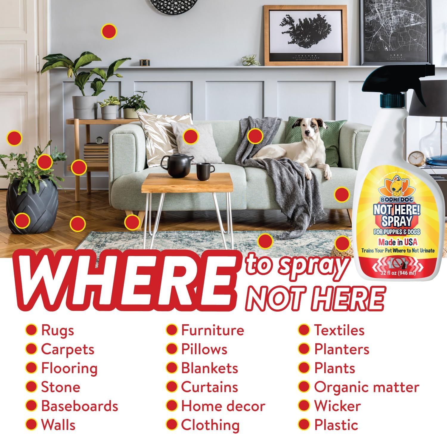 Bodhi Dog Not Here spray protects fabrics and upholstery during training.