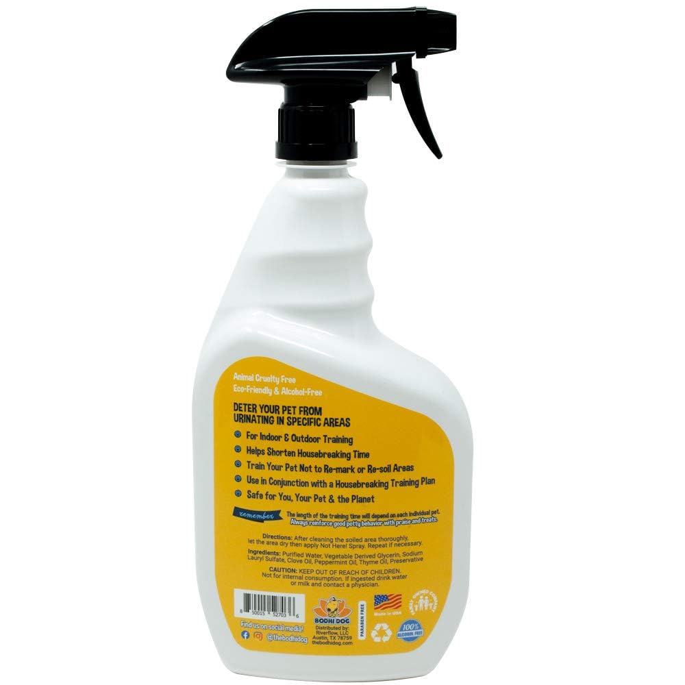 Bodhi Dog Not Here spray demonstrates a training aid made in the USA.