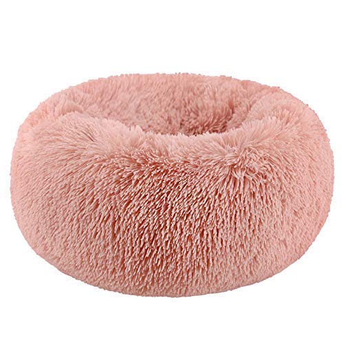 BODISEINT round pink pet bed front view with plush fur for cozy naps.