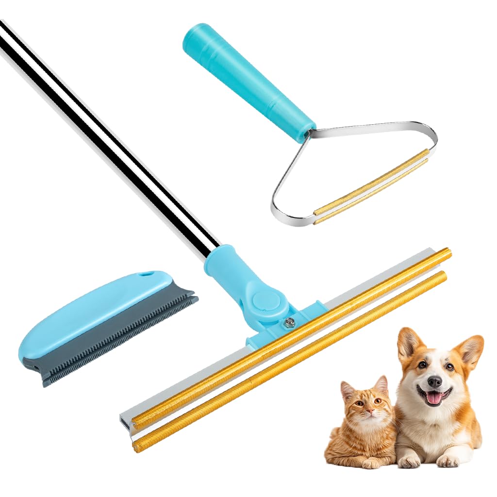 Bolfie 3-in-1 carpet rake with long-handle cleans pet hair effectively on fabrics.