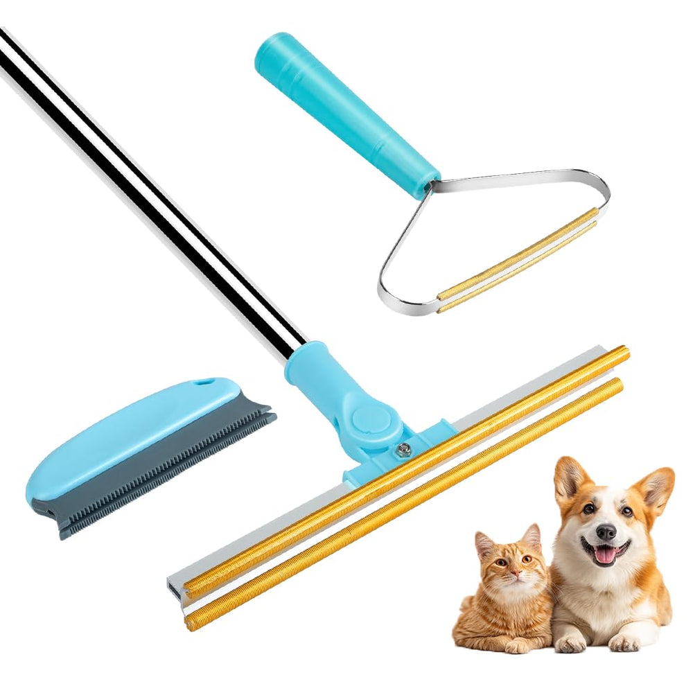 Bolfie 3-in-1 carpet rake with long-handle cleans pet hair effectively on fabrics.