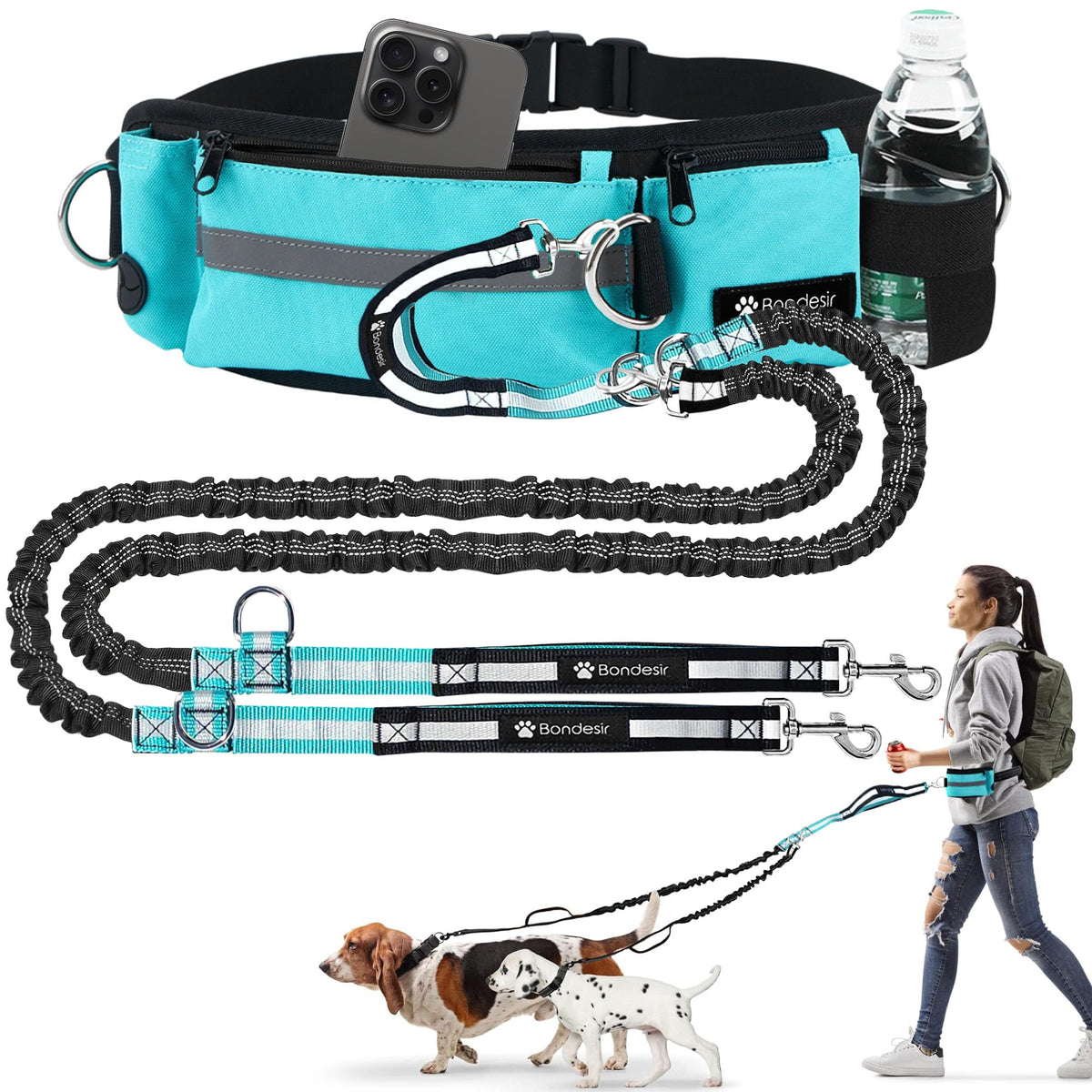 Bondesir waist leash for two dogs with shock-absorbing bungee for smooth walking.