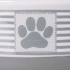 Bone Dry paw print stripe bowl keeps feeding tidy and stable.